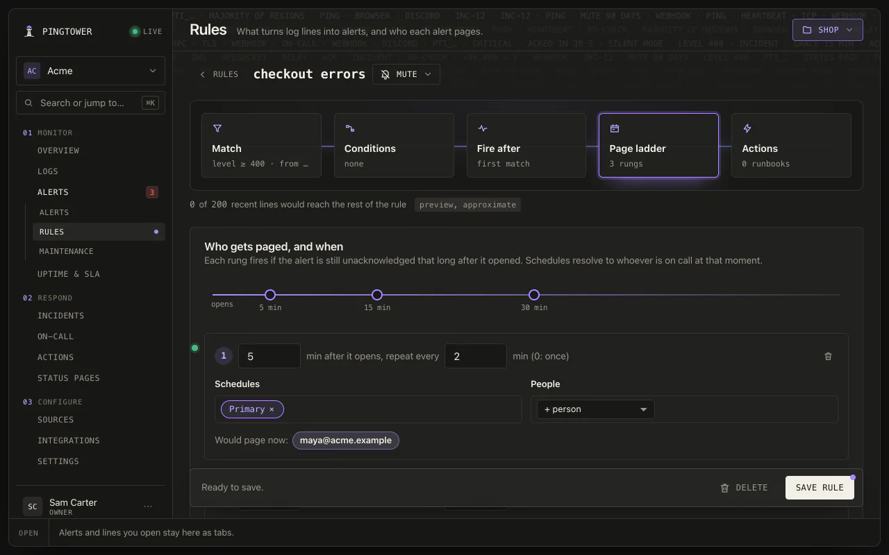 A rule in the web app, checkout errors, drawn as a pipeline from Match to Actions; its page ladder pages at 5, 15 and 30 minutes, and its first rung would page Maya, on call now.