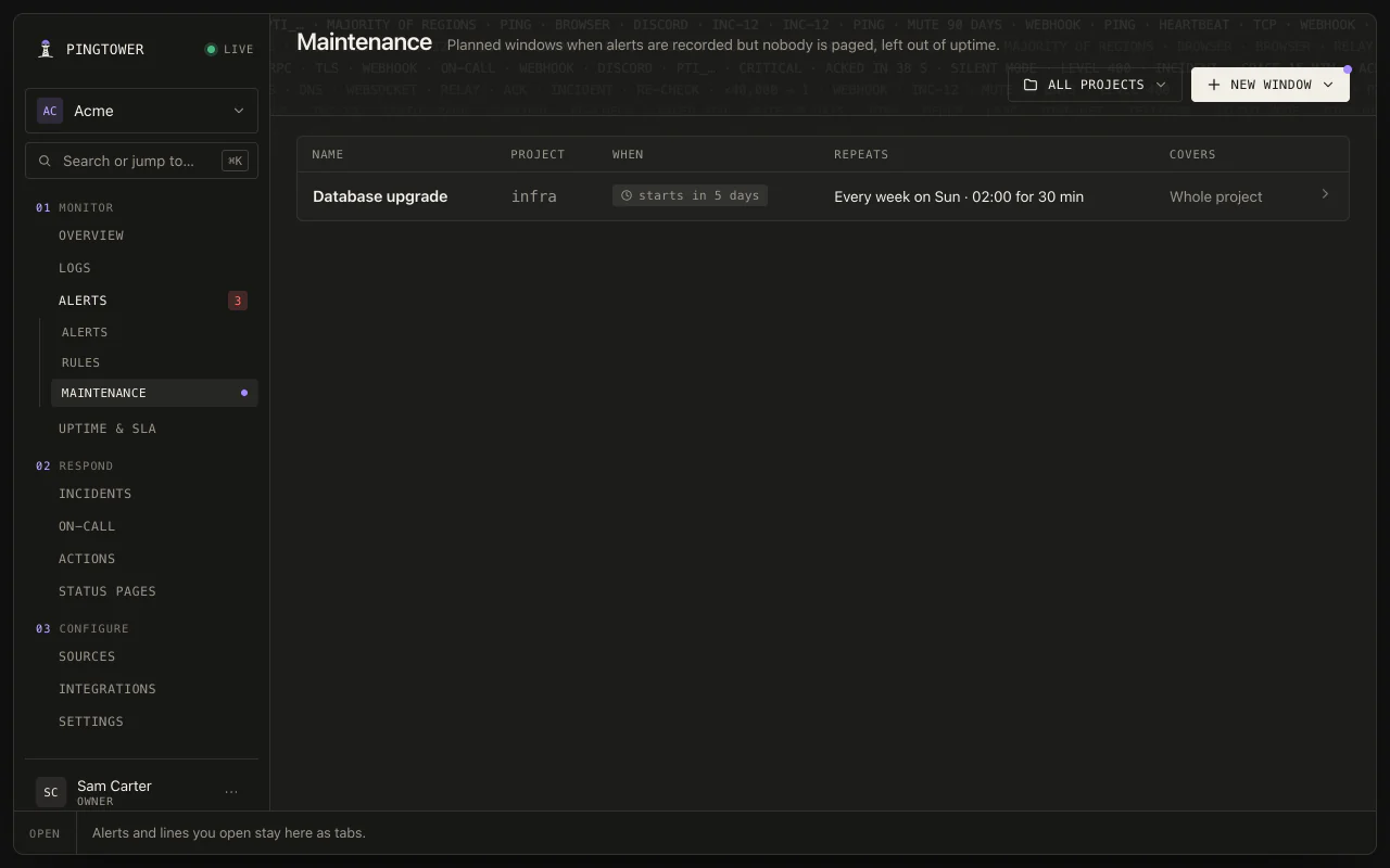 A maintenance window in the web app: Database upgrade on infra, every week on Sunday at 02:00 for 30 minutes, covering the whole project.